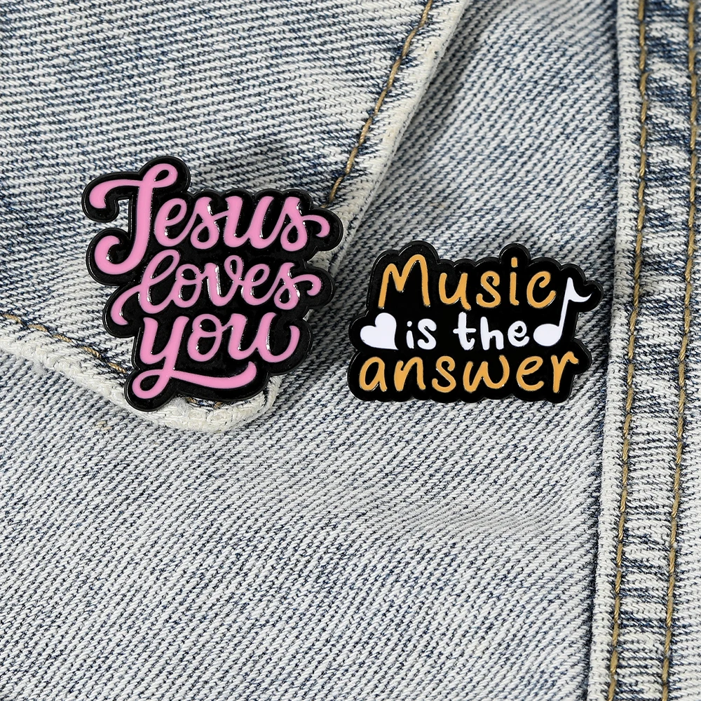 Candy Colors Jesus loves You Brooches Letter Music Is The Answer Enamel Collar Pins With Free Shipping