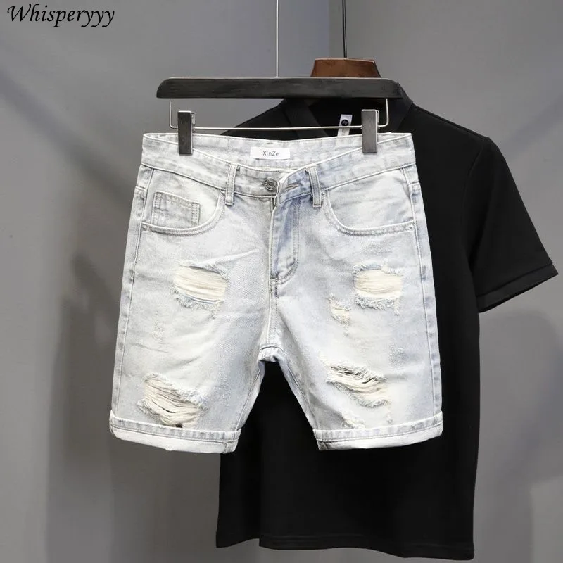 

Ripped Denim Shorts Men Clothing Summer New Harajuku Pockets Slim-fitting Jeans Male Korean Casual Hole Five-point Pants