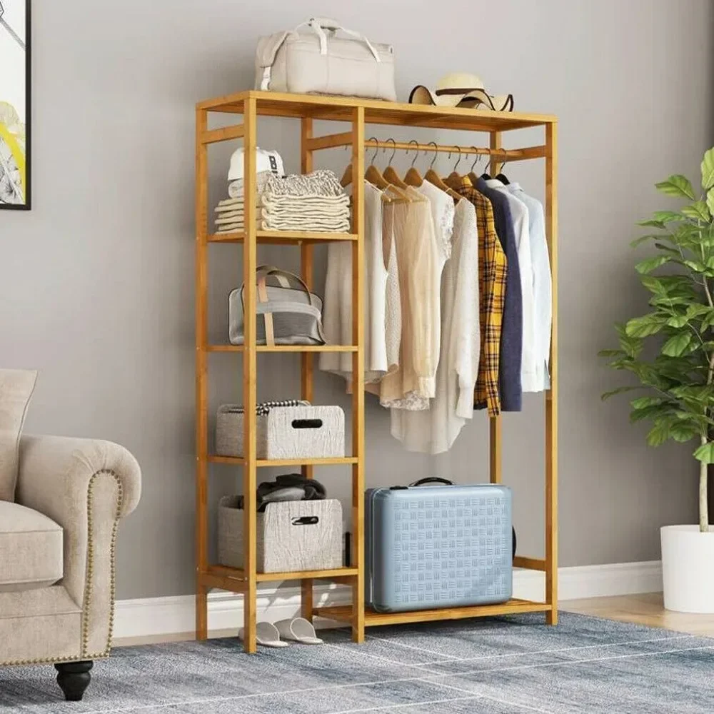 

Free-standing Closet Garment Hanging Stand Bamboo Wood Rack