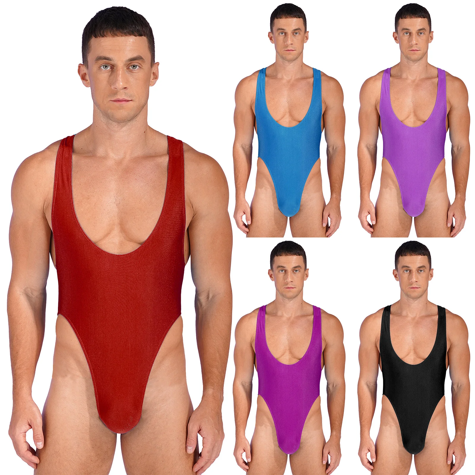 Mens Wresting Singlet Bodysuit Swimwear Lingerie One Piece Sleeveless Deep U Neck Underwear Jumpsuits Mankini Swimsuit Leotard