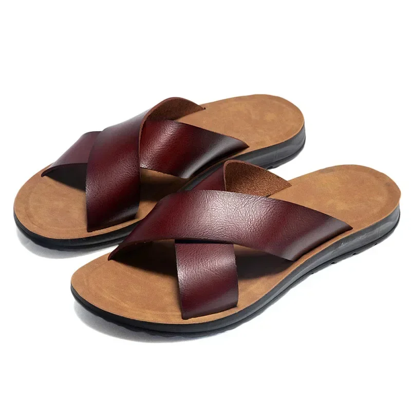 2024 New Italian Leather Slippers for Men Hotel Beach Summer Shoes High Quality Big Size 47 Slip on Light Flats Male Flip Flops