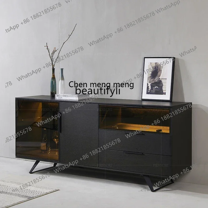 G153 Italian Solid Wood Glass Sideboard Cabinet with LED Light Wine Cabinet Modern Minimalist Living Room Locker