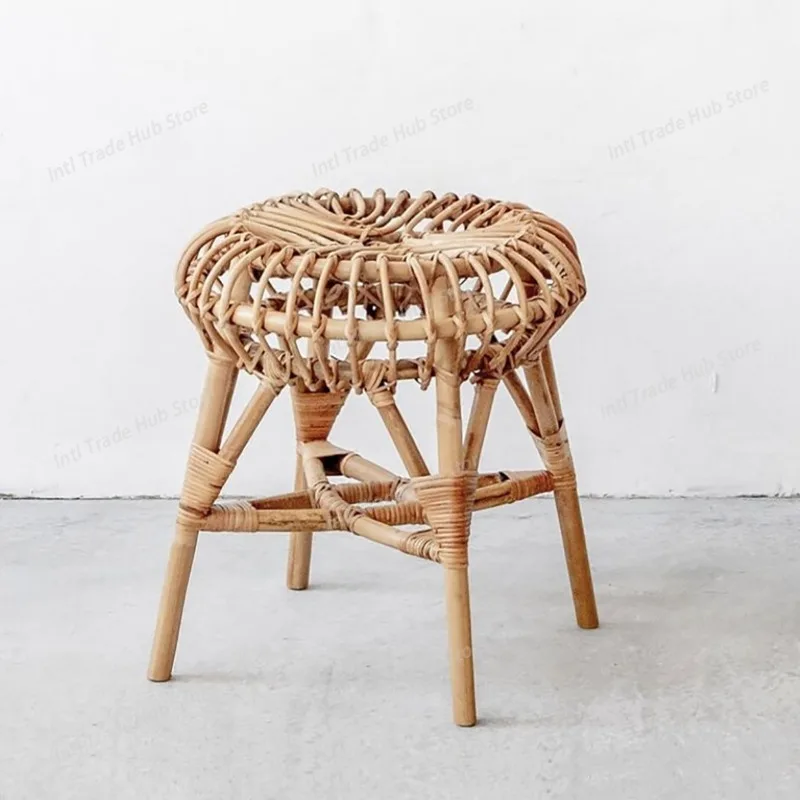 Vintage Rattan Chair Dining Living Room Coffee Side Dressing Stools Simple Ottomans Furniture Home Decoration Accessories
