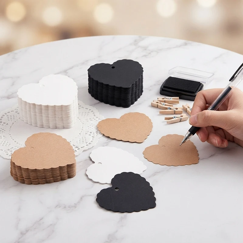 100PCS Elegant Heart Shaped Blank Gift Tag Brown White Black Hanging Cards Romantic Gift Wrapping Decor Christmas Halloween  ZYF