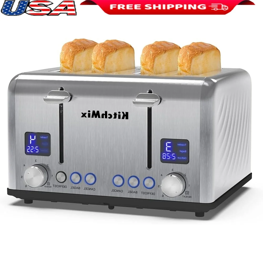 

Stainless Steel Toaster 4 Slice LCD Timer Bagel Function Wide Slots Dual Control Removable Crumb Tray