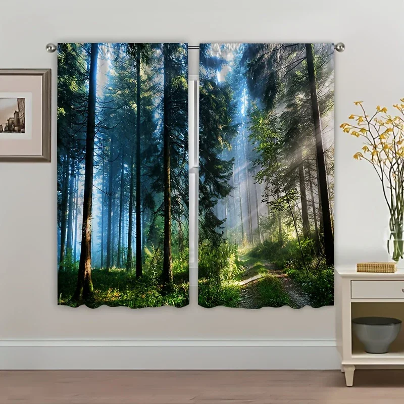 2pcs Misty Forest Path Printed Curtains, Designed for Light Filtering, Quality Material, Ideal for Nature-Inspired Home Window D