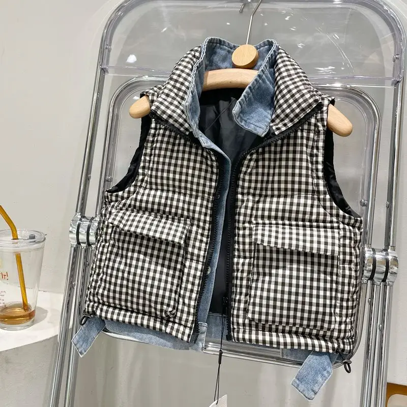 

Winter New Warm Checker Jacket Children's Jacket Fake Two Piece Vest New Boys and Girls Outer Wear Children's Down Vest Q123