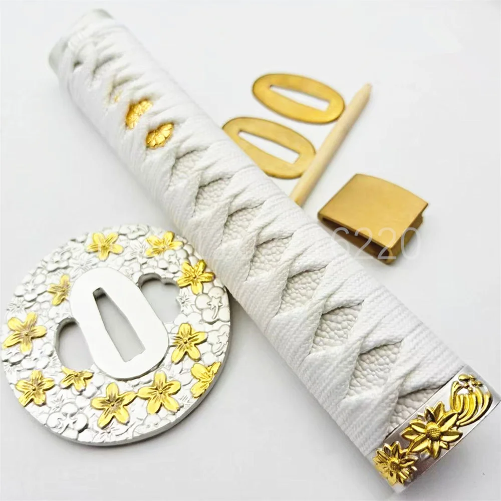 White Japan Sword Parts 26cm Tsuka Handle Alloy Tsuba Handguard Guard Brass Habaki Seppa For Japanese Samurai Katana Fitting
