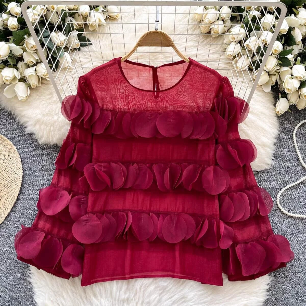 2025 Spring Unique Fresh Exquisite Women Clothing New Sweet All-match Top Personalized Long Sleeve Ruched Chiffon Shirt