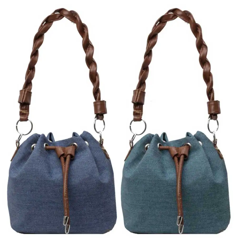 Bolsa de balde jeans de grande capacidade para mulheres, sacola pequena, alça ajustável, bolsa de ombro moda, férias