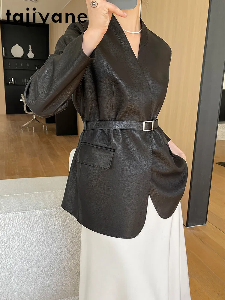 TAJIYANE Giacche in Pelle di Capra 100% Genuina, Giacca in Vera Pelle con Scollo a V, Cappotto Donna Lunghezza Media con Cintura, Abbigliamento Primavera 2026, дубленка