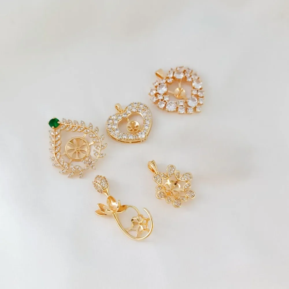 

14K Gold-encrusted Zircon Lace Heart-shaped Flower Bud Pendant and Pearl Empty Stand Necklace Pendant Diy Accessory