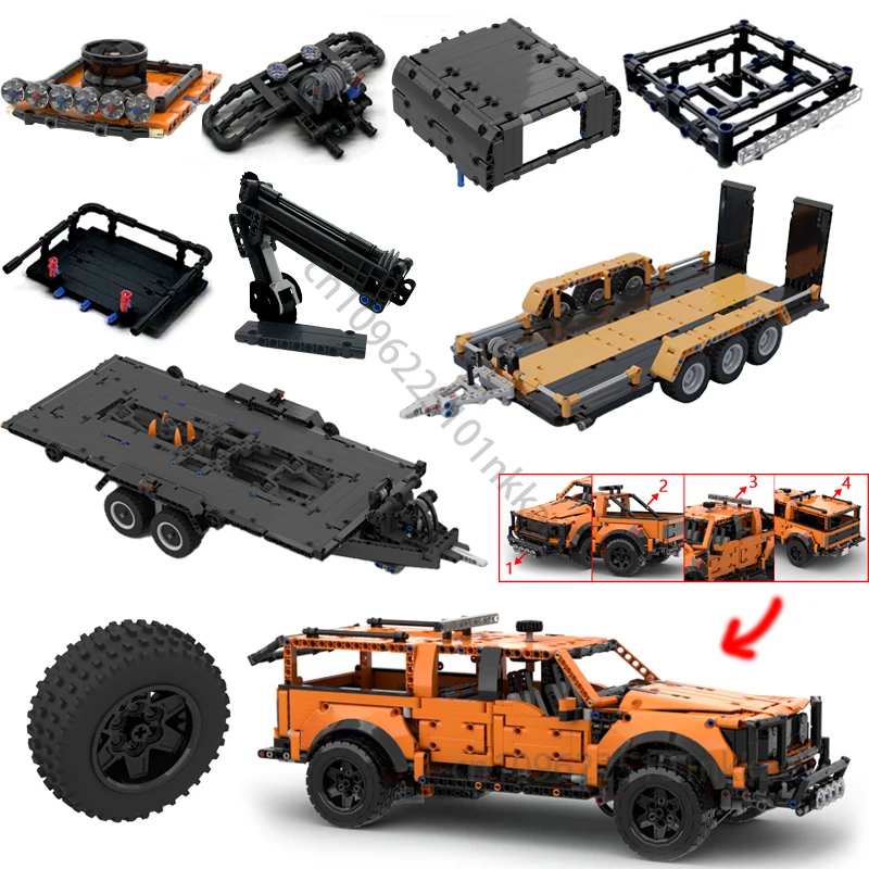 MOC F-150 Raptor Car Trailer Technical Hitch Crane Platform Hardtop Bumper Roofrack Building Blocks DIY Bricks Toy Gifts