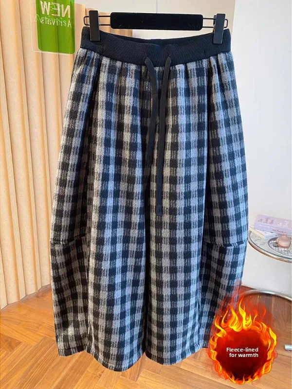 Szerokie wełniane spodnie Thiened Fce z wysokim stanem, prosty krój, codzienne spodnie, modne, plus size, damskie, zimowe, luźny krój.