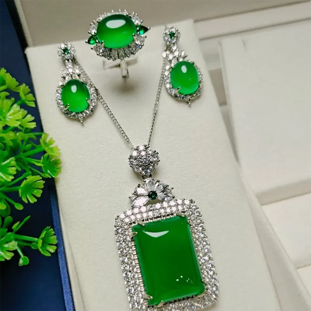 Natural Green Jade Jewelry Set For Women Myanmar Jadeite With Zircon Emerald Rectangle Pendant Necklace Dangle Earrings And Ring