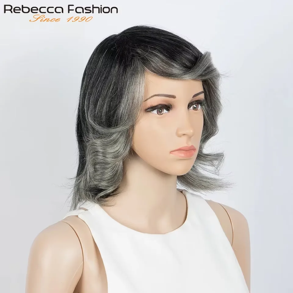 Grey Short Bob Human Hair Wig Brazilian Remy Hair Ombre Purple Silver Wavy Nature Wig With Bangs Pixie Part Wig Clearance Sales