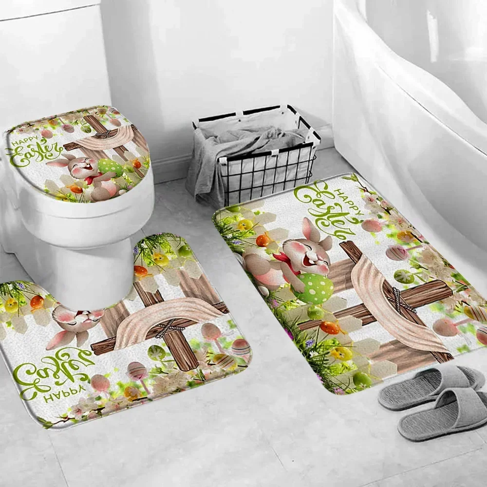 Happy Easter Rug Set Truck Bunny Elf Eggs Holiday Bathroom Bath Mats Toilet Mats Bathtub Decoration