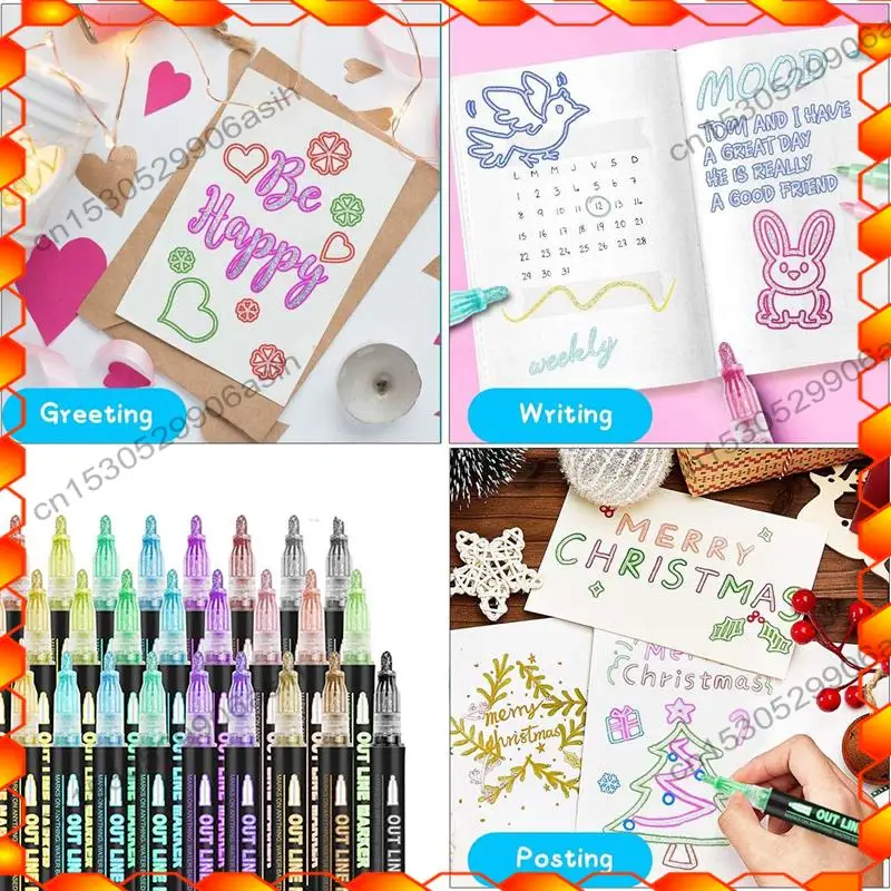 -AT52 Double Line Outline Markers, 36 Colors Super Squiggles Shimmer Outline Marker Pen Set, Self Outline Metallic Markers