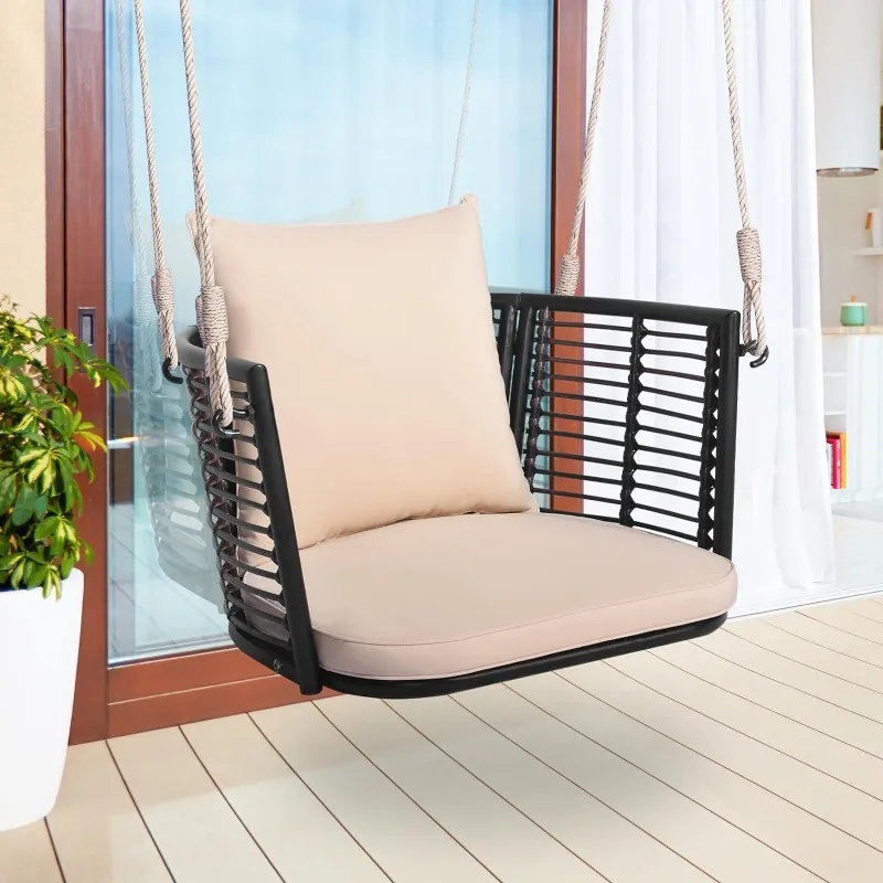 Outdoor Metal Porch Swing, Single Person Hanging Seat w/Woven Rattan Backrest,2 Sturdy Hanging Ropes,Seat&Back Cushions Included