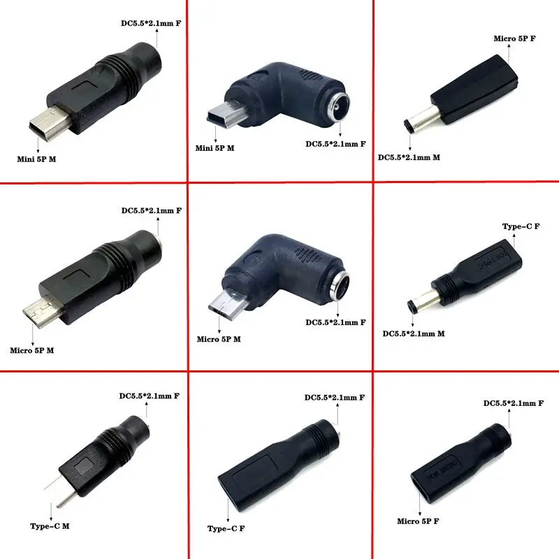DC5.5 * 2.1mm Męski żeński do USB Mini 5P Micro 5P Typ-C Męski żeński Adapter Kolanko Android Telefon Zasilacz DC Interfejs 5V