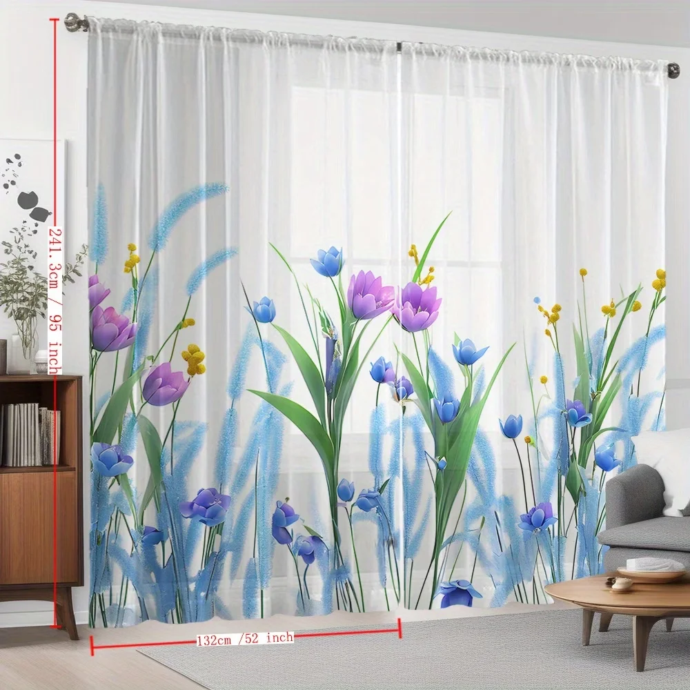 2PCS Digital Printed Sheer Curtain, Blue Purple Green Plants, Botanical Tropical Foliage for Living Room Bedroom Home Decor