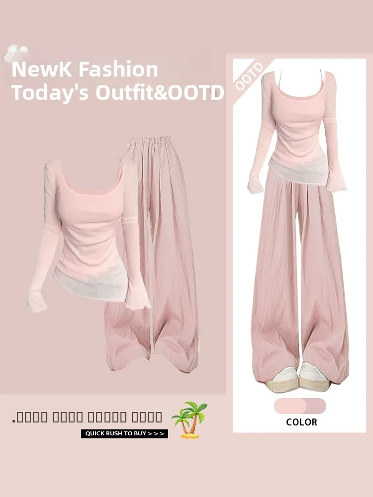 

Корейский повседневный свободный длинный топ све и широкие брюки, комплект из двух предметов, антивозрастной искусственный дизайн из двух предметов, эффект похудения