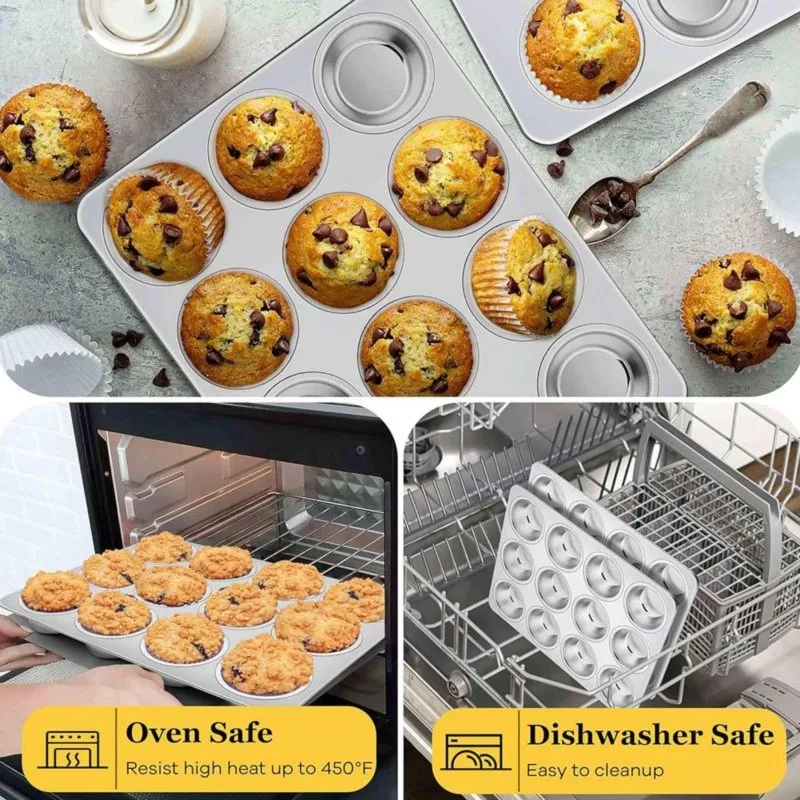 DT39 Stainless Steel Muffin Pan 12-Cup Nonstick Cupcake Tin, Regular Size Baking Tray for Cupcakes, Egg Bites, Muffins