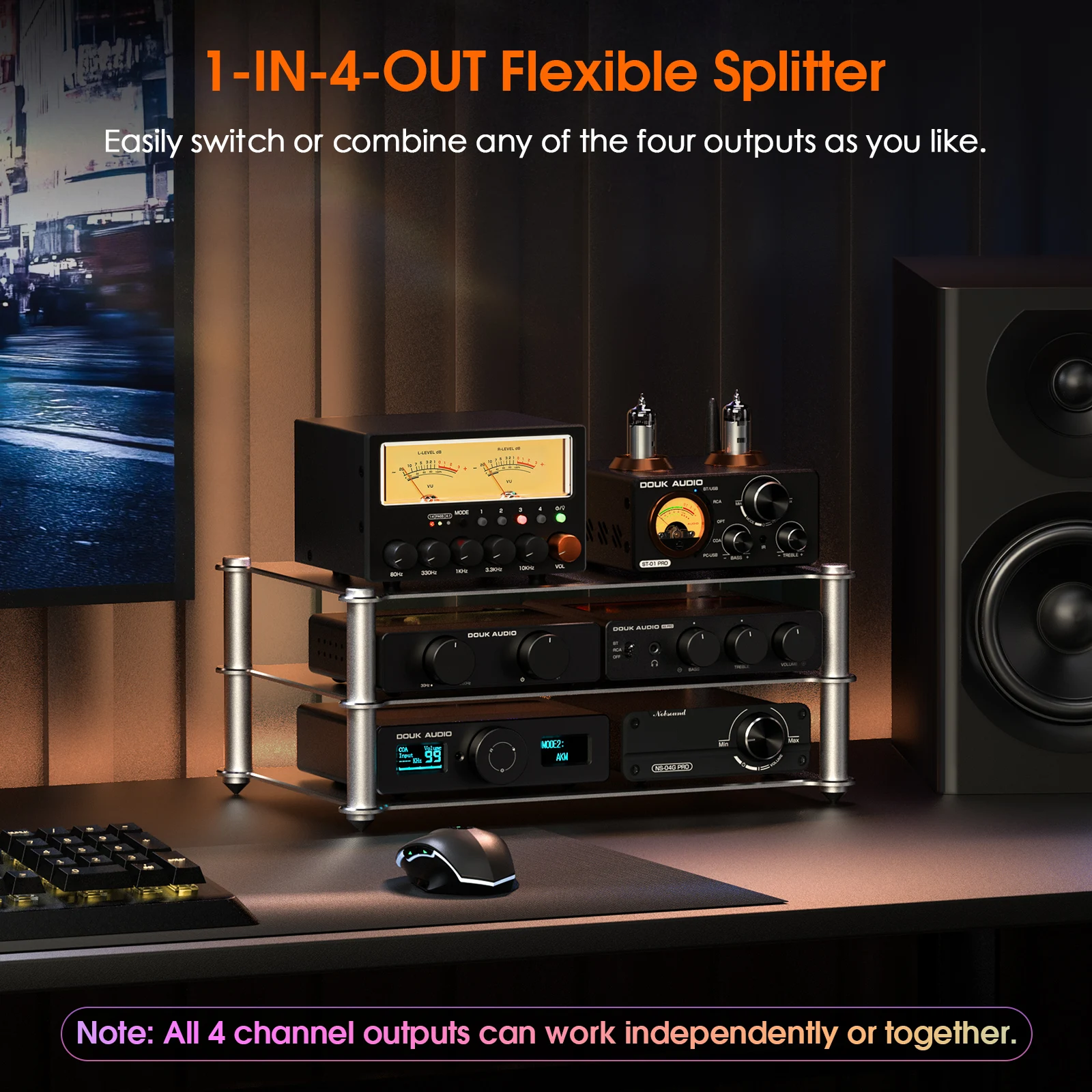 Nobsound D5 ستيريو 5-Band EQ Preamp التعادل 1-IN-4-OUT / 4-IN-1-OUT محدد الصوت مع مقياس VU الرجعية