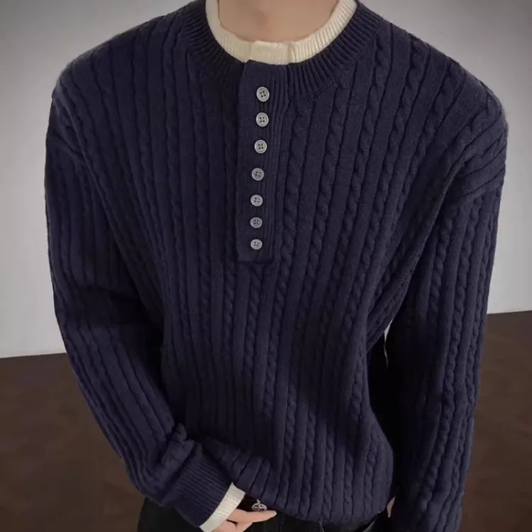 

Men's Knitted Sweater Autumn Winter Warm Lazy Sle Henry Collar Twist Knitwear Casual Loose Fit Long Sve Button up