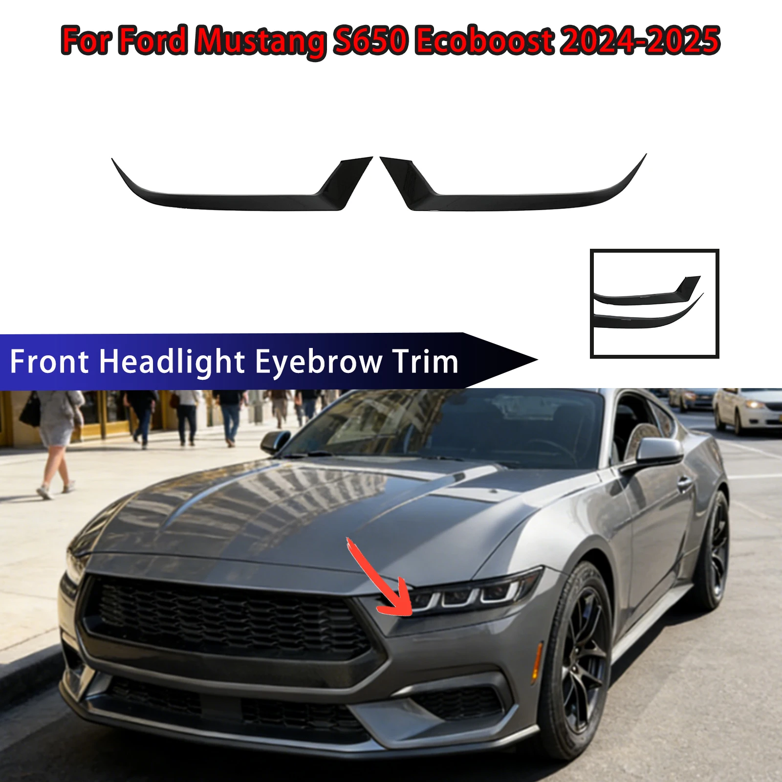 

Для Ford Mustang S650 Ecoboost 2024 года и новее: глянцевые черные накладки на передние фары (реснички) с эффектом карбона, внешние аксессуары