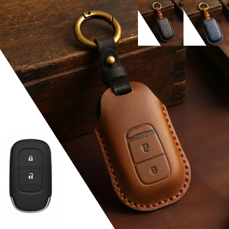 

Genuine Leather Car Remote Smart Key Fob Case Cover Holder Bag With Keychain For Honda CR-V City HR-V Civic Accord Vezel