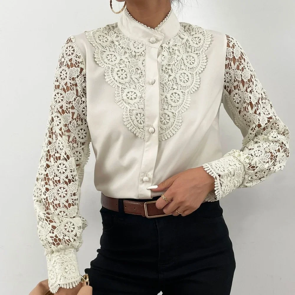 Women's Lace Vintage Long Sleeve Shirt Spring Summer Slim Fit Women's Top White Shirt Grace Office Work Clothes Business Wear