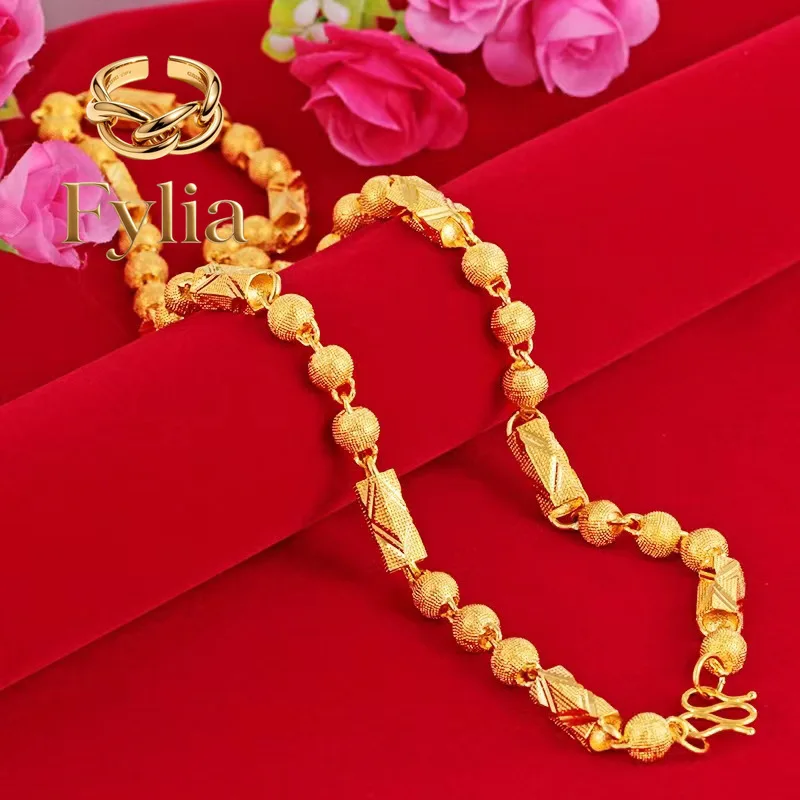 Fylia Jewelry   999924K real gold cloth pattern hexagonal cylindrical necklace frosted cylindrical national trend necklace semi-