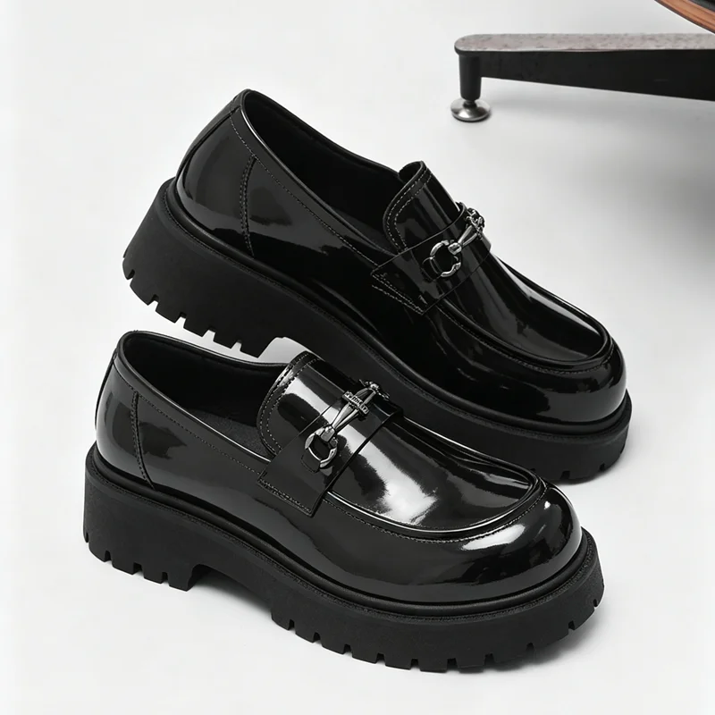 Men Patent Leather Platform LoafersMetal HorsebitSlipOn Dress Shoes Chunky Lug Sole Black Glossy Casual Business Oxford Footwear