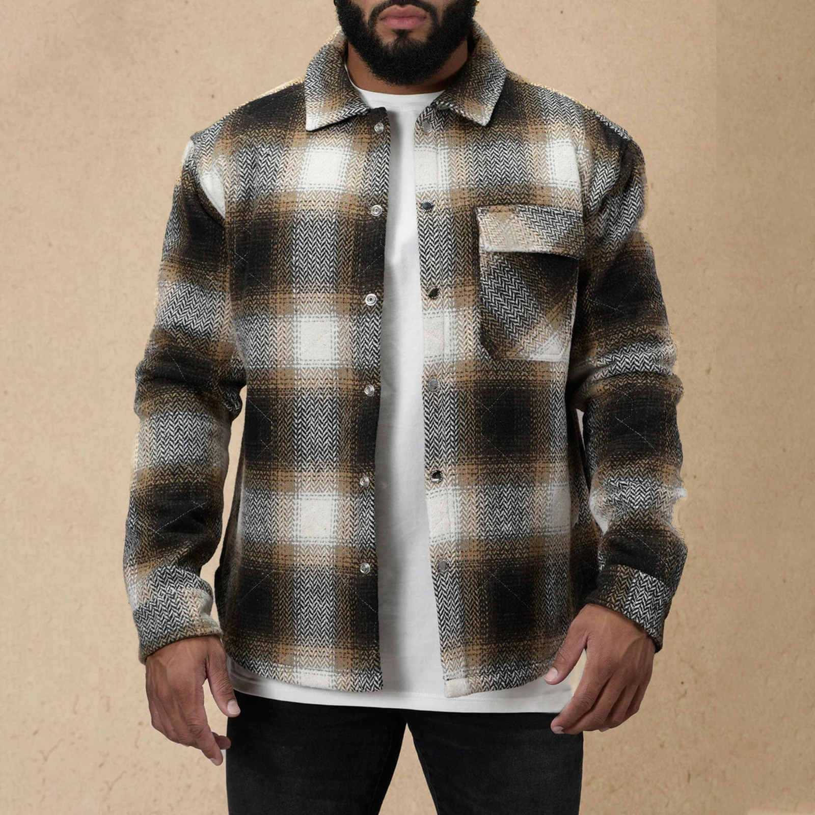 Men’s Flannel Shirt Jacket Casual Long Sleeve Lapel Collar Plaid Print Button Up Shacket Jacket Winter Warm Outwear