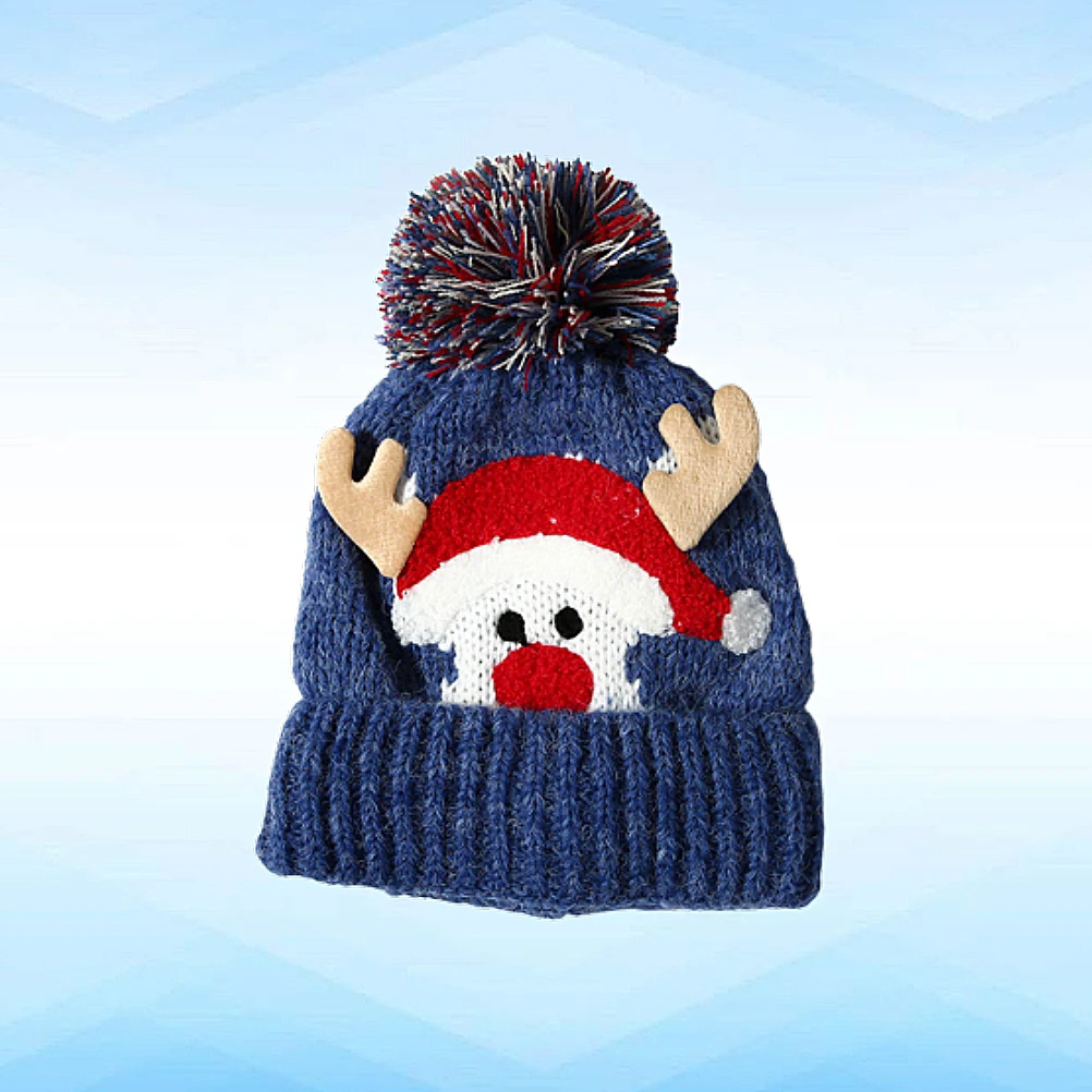 

Cute Baby Antler Hat Warm Kids Winter Woolen Cap Thermal Windproof Knit Hat For 2-4 Years Old Children Blue Free Size