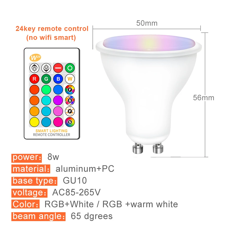 LED Bulb GU10 Spotlight 8W RGB Dimmable Lamp RGBW RGBWW Lights IR Remote / Tuya Smart Wifi Control Work With Alexa For Home