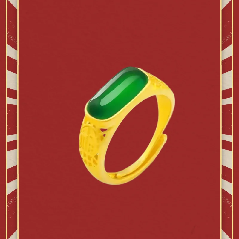 

9999 Real Gold 24K Male and Female Ethnic Style Live Jade Ring, Gold Inlaid Jade Fortune Green Agate Ring