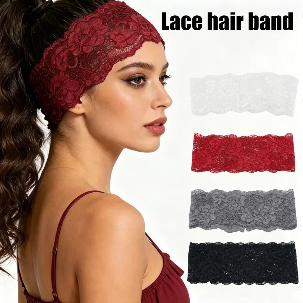 

Korean Lace Floral Headbands Sweet Wide Lace Trim Hairband Fashion Soft Elastic Headwrap Solid Color Hollow-Out Hair Accessories
