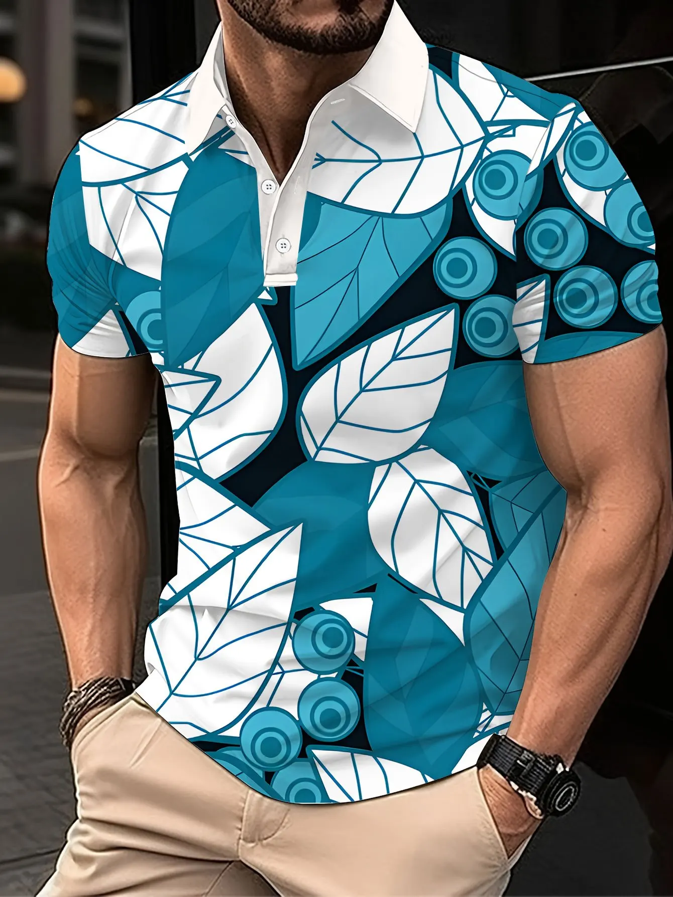 New men's short-sleeve polo shirt T-shirt, loose-fitting and tailored with printed patterns, versatile basic crew-neck top suita