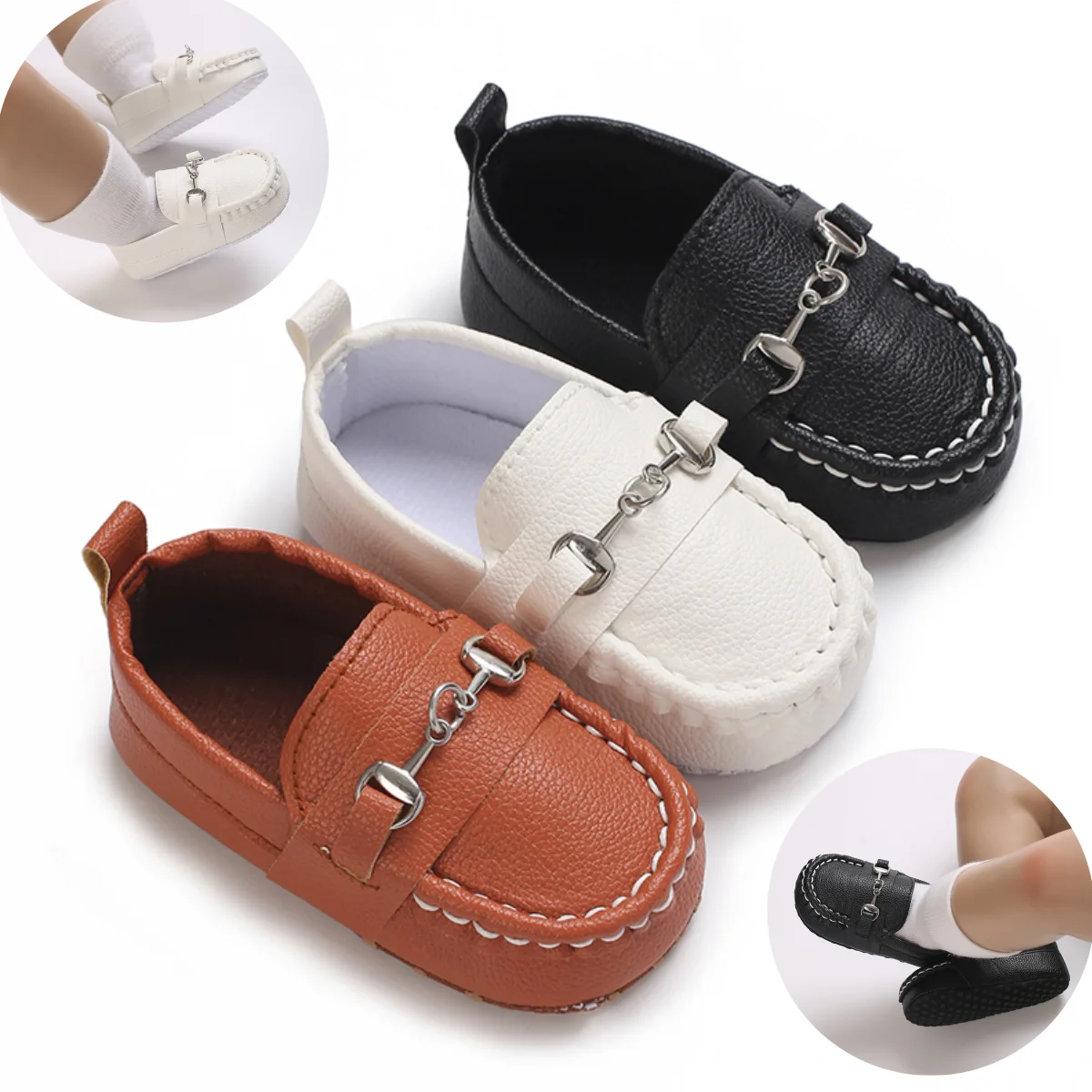 

Toddler First Walkers Infant Newborn Anti-slip Shoes Iron Buckle Leather Peas Shoes for Baby Boy Rubber Sole Moccasins