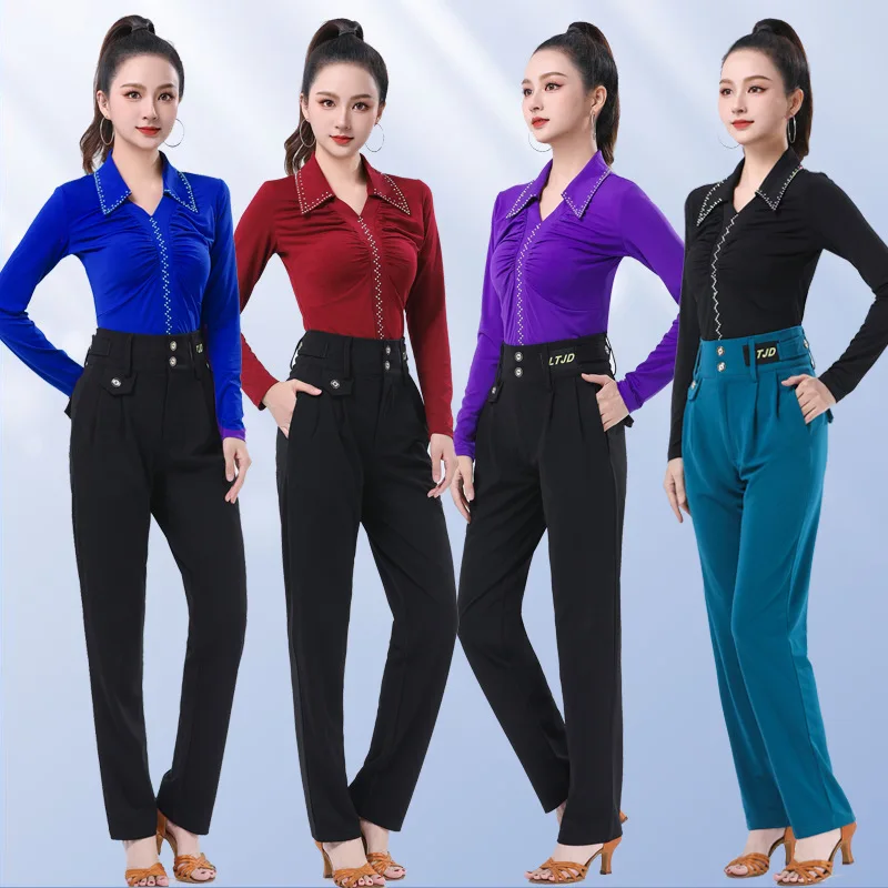 Primavera nuova danza quadrata marinaio sala da ballo danza bavero sottile manica lunga danza moderna top