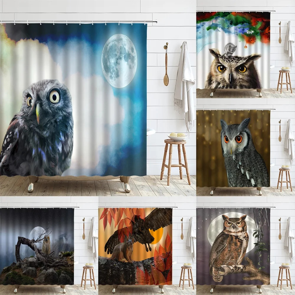 

Owl Shower Curtains Animal Full Moon Night Scene Tree Branch Bathroom Decor Screen Fabric Bath Curtain Set With Hooks Waterproof