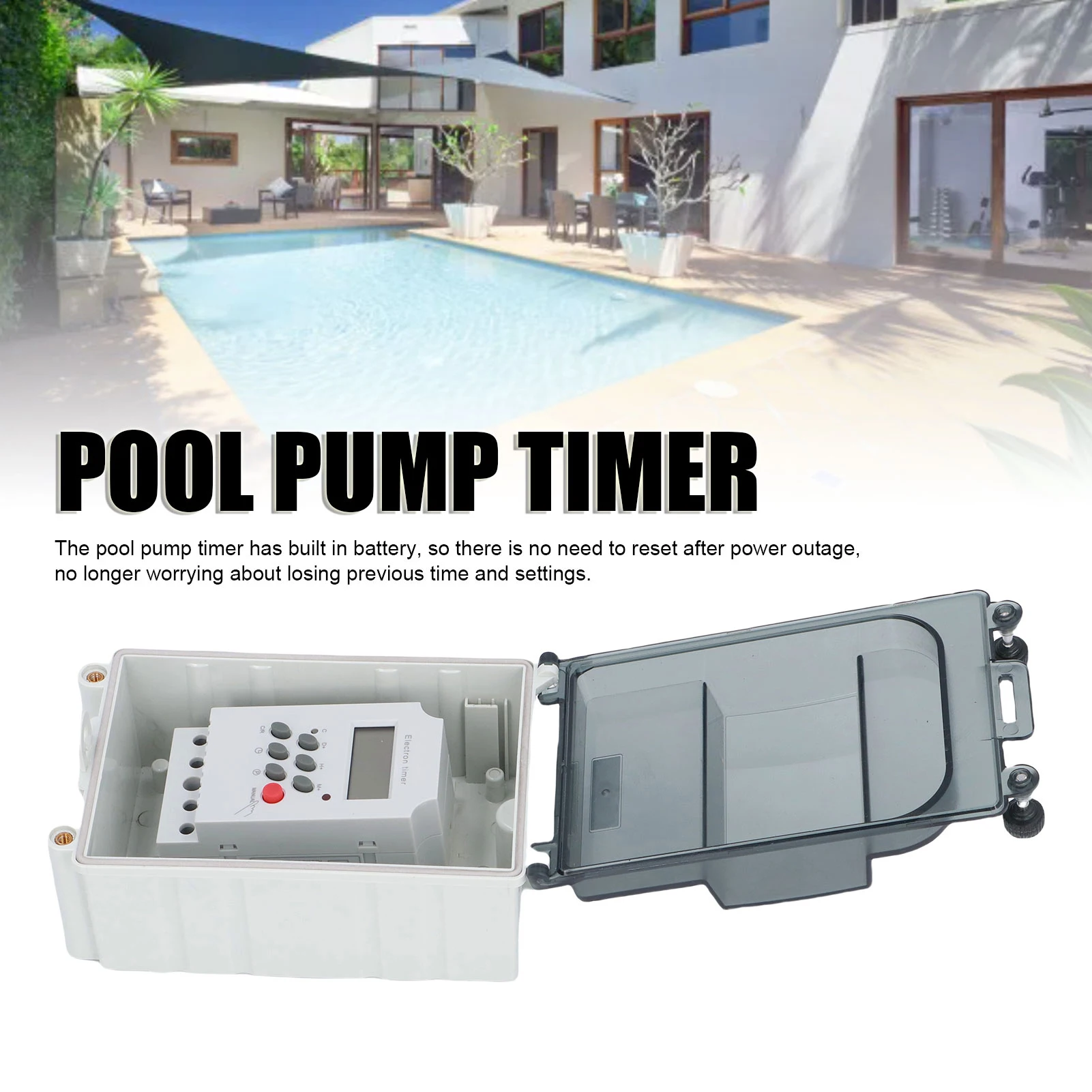

Таймер насоса для бассейна Таймер насоса для бассейна Дождезащитный корпус из смолы ПК Программируемый таймер с паролем для улицы