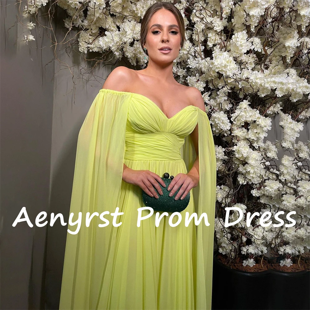 Aenyrst Yellow Off Shoulder Long Cap Sleeves Prom Gown Chiffon customized A Line Evening Gowns Floor Length Dinner Party Dress