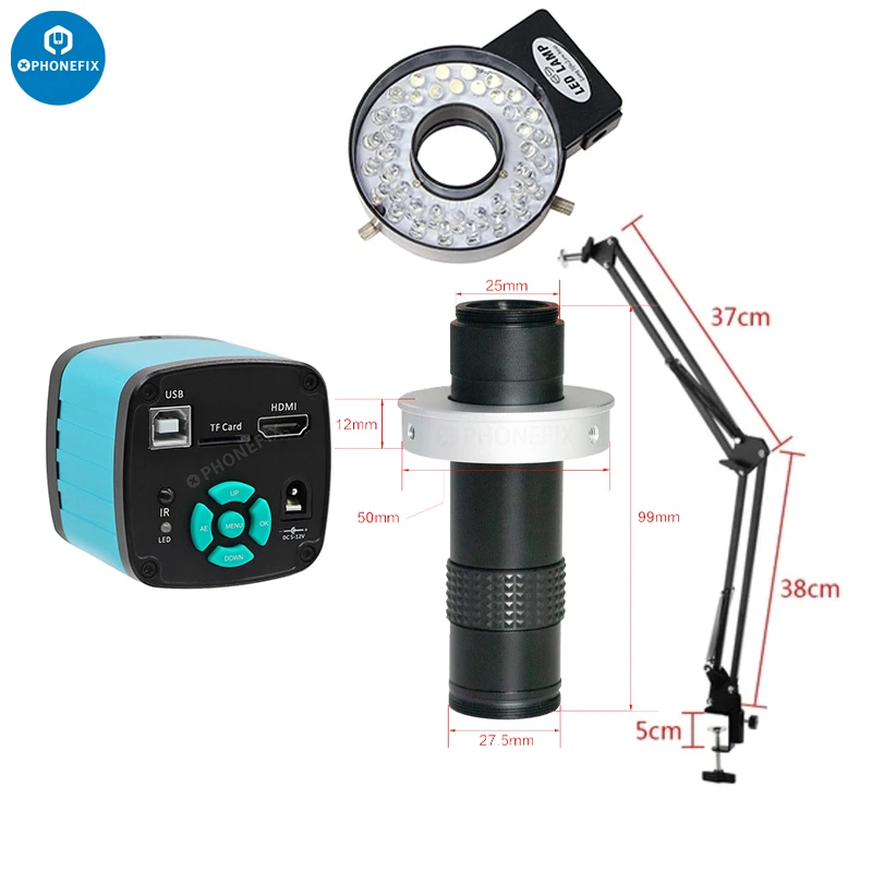 48MP 4K 1080P HDMI USB Industrial Video Microscope Camera 130X Zoom C Mount Lens 40 Lamp Cantilever Stand For Repair Soldering