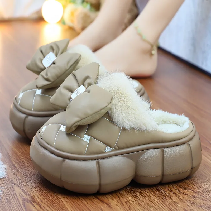 Shoes Woman 2024 Slipper Warm Butterfly-Knot Platform Heeled Mules Winter Flat High Soft Butterfly-knot Slides House Slippers Pl