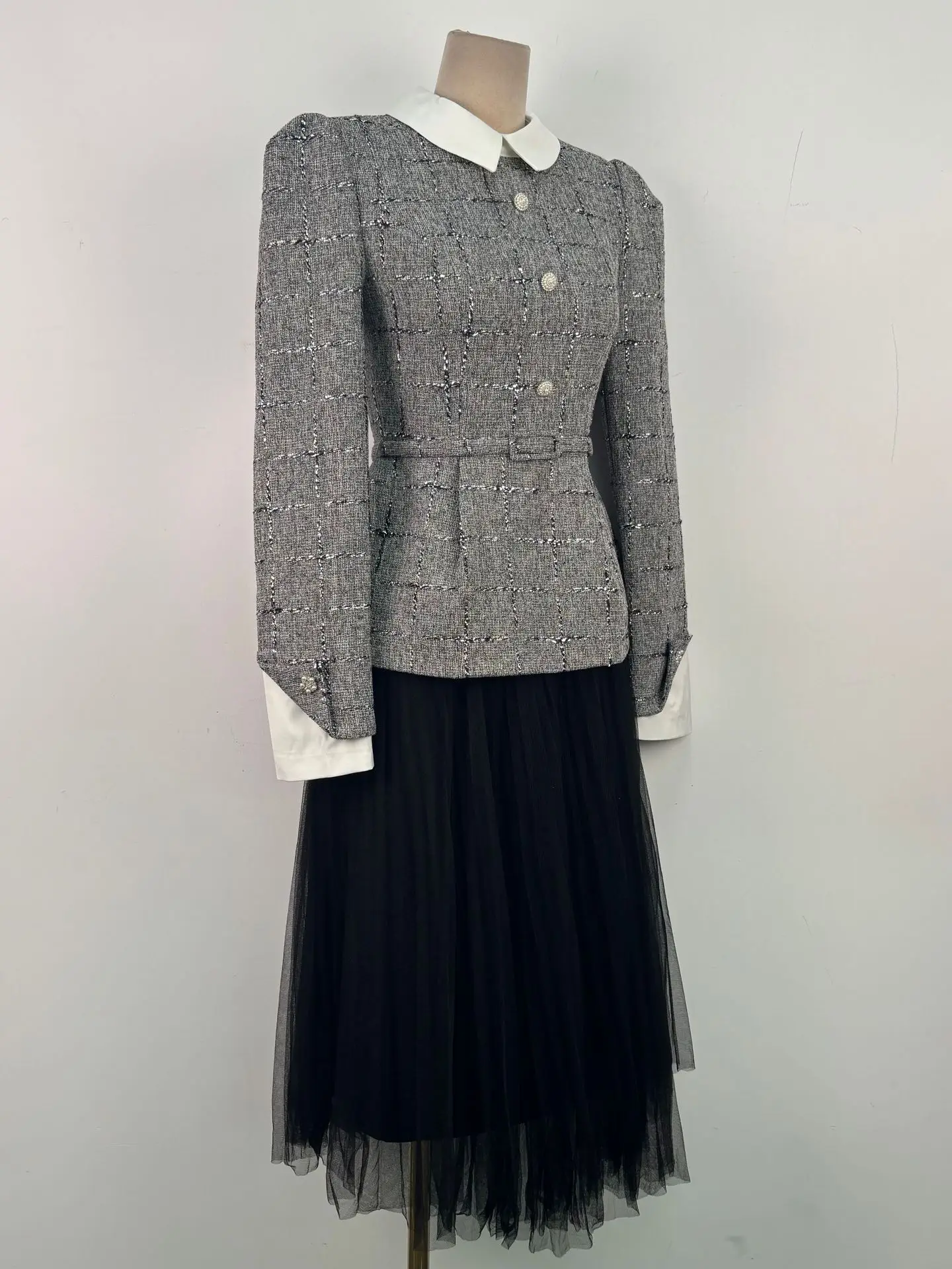 BEWQ موضة المرأة 2 قطعة مجموعة تويد حزام واحدة الصدر معطف طويل الأكمام الشاش تنورة دعوى مساء حفلة 2025 الخريف جديد #5