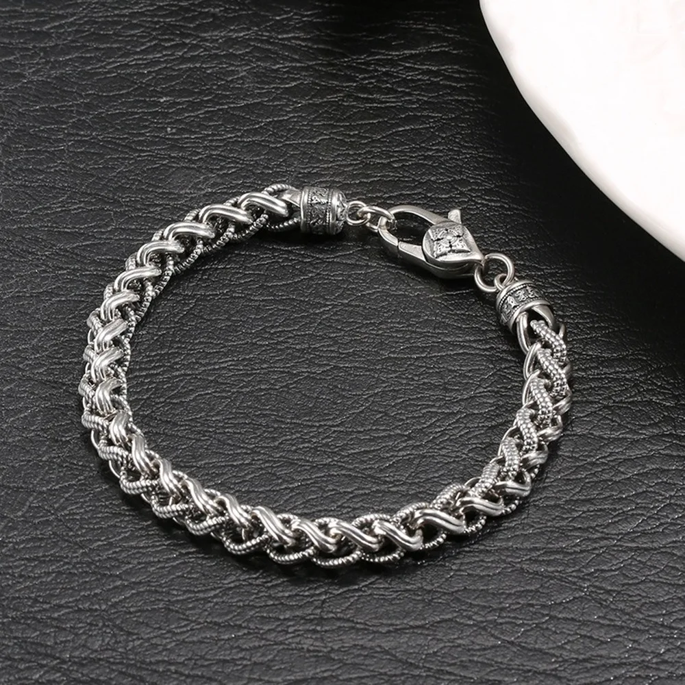 Real Solid 925 Sterling Silver Chain Men Lucky 7mm Wheat Braided Twist Bracelet 30.6g/20cm