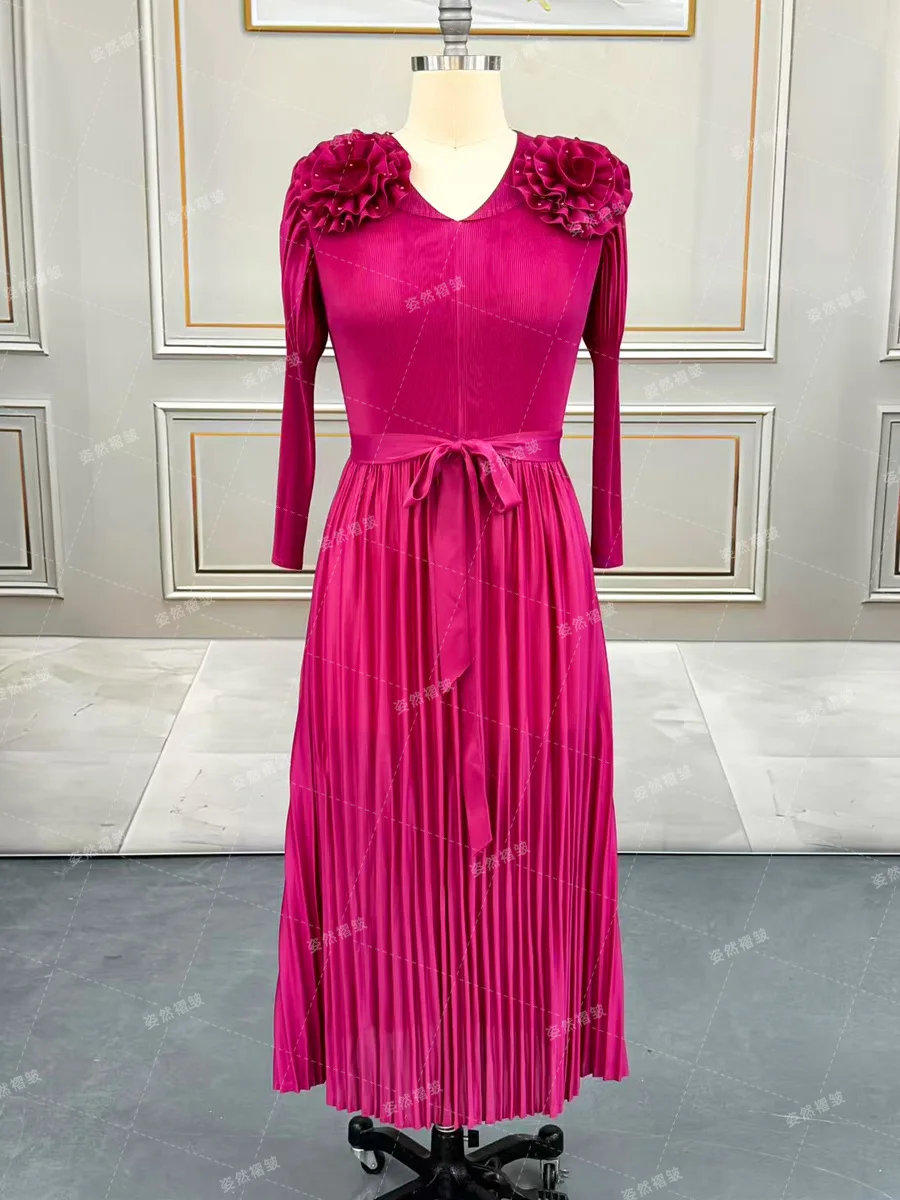 Large size women's fat mm long skirt light luxury high-end Miyake Ichisaki pleated long sleeve dress European and American vacat